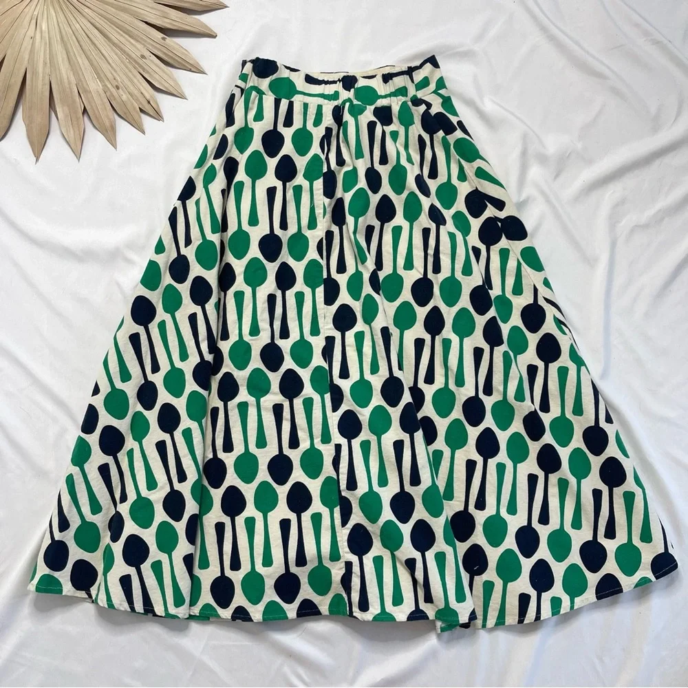Anthropologie Eva Franco Spoons Green Blue ModCloth 50s Chef Cook Skirt Size 0
